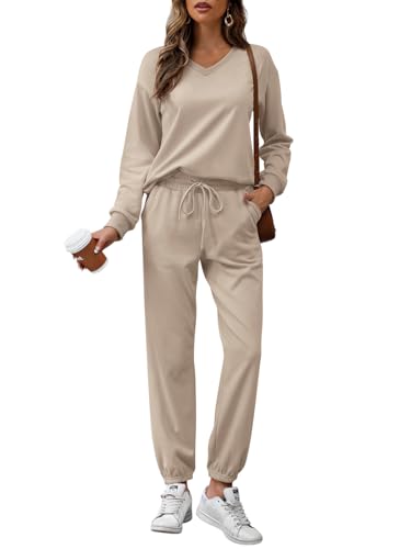 REORIA Damen Baumwolle Jogginganzug V-Ausschnitt Zweiteiler Elegant Langarm Trainingsanzug Hausanzug Sport Set Lounge Set Khaki S von REORIA
