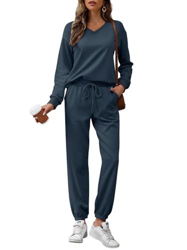 REORIA Damen Baumwolle Jogginganzug V-Ausschnitt Zweiteiler Elegant Langarm Trainingsanzug Hausanzug Sport Set Lounge Set Marineblau L von REORIA