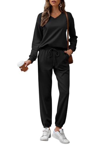 REORIA Damen Baumwolle Jogginganzug V-Ausschnitt Zweiteiler Elegant Langarm Trainingsanzug Hausanzug Sport Set Lounge Set Schwarz S von REORIA