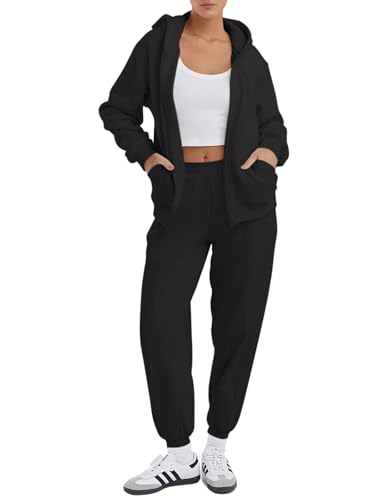 REORIA Damen Baumwolle Jogginganzug V-Ausschnitt Zweiteiler Elegant Langarm Trainingsanzug Hausanzug Sport Set Lounge Set Schwarz XL von REORIA