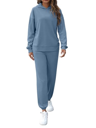 REORIA Damen Baumwolle Kapuzenpullover und Jogginghosen Zweiteiler Jogginganzug Elegant Langarm Trainingsanzug Hausanzug Sport Set Lounge Set Grau Blau XXL von REORIA