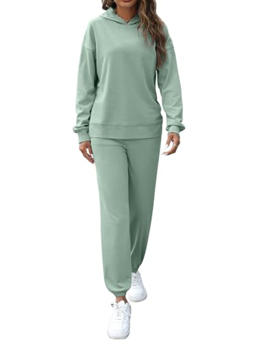 REORIA Damen Baumwolle Kapuzenpullover und Jogginghosen Zweiteiler Jogginganzug Elegant Langarm Trainingsanzug Hausanzug Sport Set Lounge Set Grün Blau XXL von REORIA