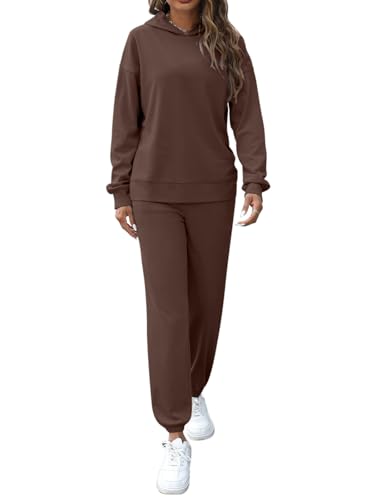 REORIA Damen Baumwolle Kapuzenpullover und Jogginghosen Zweiteiler Jogginganzug Elegant Langarm Trainingsanzug Hausanzug Sport Set Lounge Set Kaffee S von REORIA
