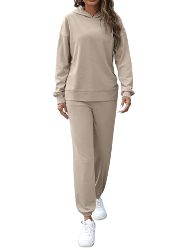 REORIA Damen Baumwolle Kapuzenpullover und Jogginghosen Zweiteiler Jogginganzug Elegant Langarm Trainingsanzug Hausanzug Sport Set Lounge Set Khaki M von REORIA