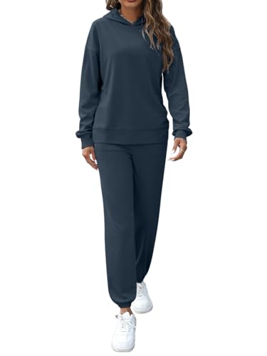 REORIA Damen Baumwolle Kapuzenpullover und Jogginghosen Zweiteiler Jogginganzug Elegant Langarm Trainingsanzug Hausanzug Sport Set Lounge Set Marineblau S von REORIA