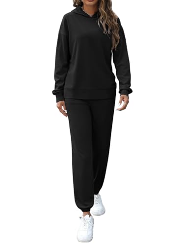 REORIA Damen Baumwolle Kapuzenpullover und Jogginghosen Zweiteiler Jogginganzug Elegant Langarm Trainingsanzug Hausanzug Sport Set Lounge Set Schwarz L von REORIA
