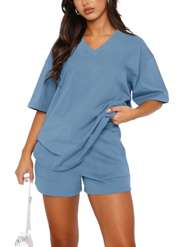 REORIA Damen Baumwolle Kurzarm Trainingsanzug Jogginganzug V-Ausschnitt Zweiteiler Elegant Hausanzug Sport Set Lounge Set Grau Blau XXL von REORIA
