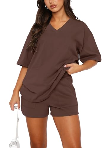 REORIA Damen Baumwolle Kurzarm Trainingsanzug Jogginganzug V-Ausschnitt Zweiteiler Elegant Hausanzug Sport Set Lounge Set Kaffee M von REORIA