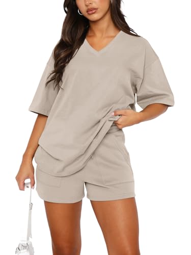 REORIA Damen Baumwolle Kurzarm Trainingsanzug Jogginganzug V-Ausschnitt Zweiteiler Elegant Hausanzug Sport Set Lounge Set Khaki S von REORIA