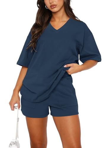 REORIA Damen Baumwolle Kurzarm Trainingsanzug Jogginganzug V-Ausschnitt Zweiteiler Elegant Hausanzug Sport Set Lounge Set Marineblau XL von REORIA
