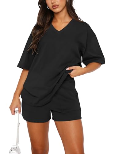 REORIA Damen Baumwolle Kurzarm Trainingsanzug Jogginganzug V-Ausschnitt Zweiteiler Elegant Hausanzug Sport Set Lounge Set Schwarz XXL von REORIA