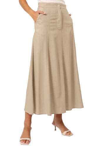 REORIA Damen Baumwolle Midi Rock Elegant Volltonfarben Röcke Dicker A-Linien Rock mit Taschen Beige S von REORIA