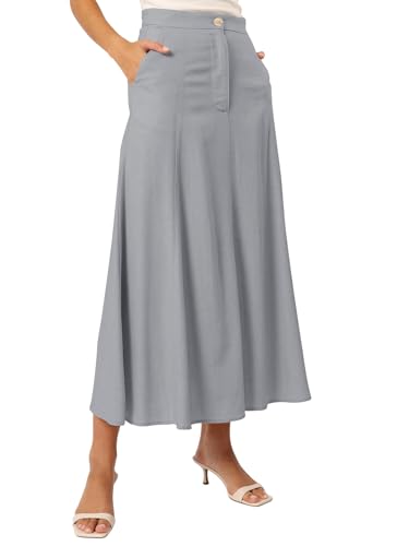 REORIA Damen Baumwolle Midi Rock Elegant Volltonfarben Röcke Dicker A-Linien Rock mit Taschen Grau Blau L von REORIA