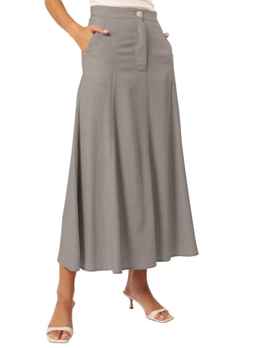 REORIA Damen Baumwolle Midi Rock Elegant Volltonfarben Röcke Dicker A-Linien Rock mit Taschen Grau M von REORIA