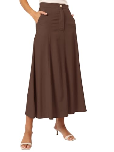 REORIA Damen Baumwolle Midi Rock Elegant Volltonfarben Röcke Dicker A-Linien Rock mit Taschen Kaffee XXL von REORIA