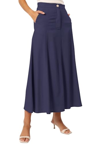 REORIA Damen Baumwolle Midi Rock Elegant Volltonfarben Röcke Dicker A-Linien Rock mit Taschen Marineblau S von REORIA