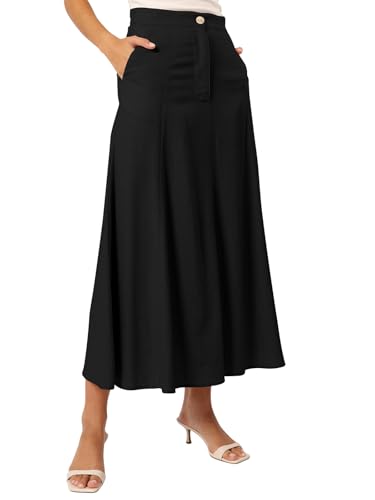 REORIA Damen Baumwolle Midi Rock Elegant Volltonfarben Röcke Dicker A-Linien Rock mit Taschen Schwarz XL von REORIA
