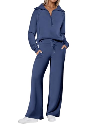REORIA Damen Baumwolle Reißverschluss Revers Trainingsanzug Jogginganzug Zweiteiler Elegant Langarm Hausanzug Sport Set Lounge Set Dunkelblau XXL von REORIA