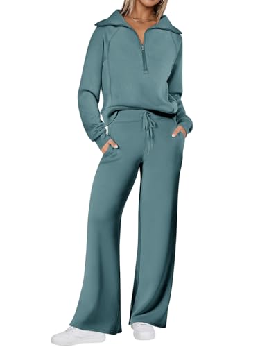 REORIA Damen Baumwolle Reißverschluss Revers Trainingsanzug Jogginganzug Zweiteiler Elegant Langarm Hausanzug Sport Set Lounge Set Grau Grün XL von REORIA