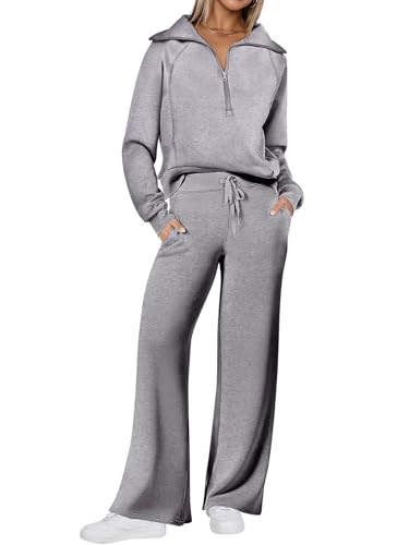 REORIA Damen Baumwolle Reißverschluss Revers Trainingsanzug Jogginganzug Zweiteiler Elegant Langarm Hausanzug Sport Set Lounge Set Hellgrau M von REORIA