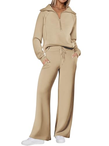 REORIA Damen Baumwolle Reißverschluss Revers Trainingsanzug Jogginganzug Zweiteiler Elegant Langarm Hausanzug Sport Set Lounge Set Khaki XXL von REORIA