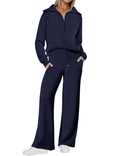 REORIA Damen Baumwolle Reißverschluss Revers Trainingsanzug Jogginganzug Zweiteiler Elegant Langarm Hausanzug Sport Set Lounge Set Marineblau M von REORIA