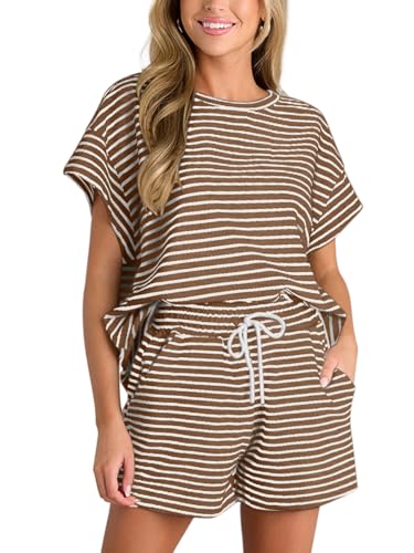 REORIA Damen Baumwolle Rundhals Gestreifter Trainingsanzug Kurzarm Tops und Shorts Zweiteiler Jogginganzug Hausanzug Sport Sets Lounge Set Braun M von REORIA