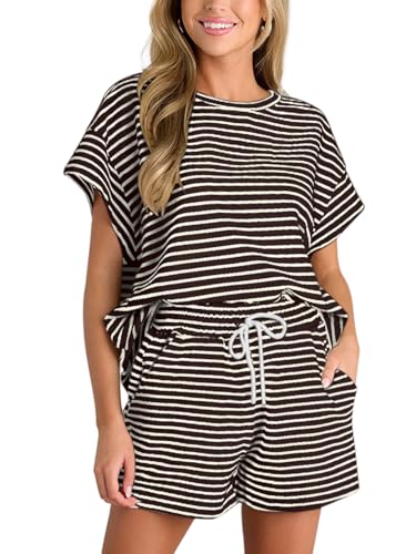 REORIA Damen Baumwolle Rundhals Gestreifter Trainingsanzug Kurzarm Tops und Shorts Zweiteiler Jogginganzug Hausanzug Sport Sets Lounge Set Kaffee XXL von REORIA