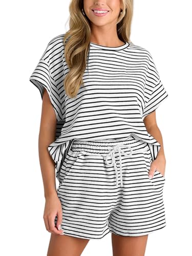 REORIA Damen Baumwolle Rundhals Gestreifter Trainingsanzug Kurzarm Tops und Shorts Zweiteiler Jogginganzug Hausanzug Sport Sets Lounge Set Weiß XL von REORIA