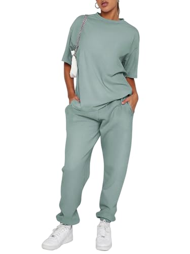 REORIA Damen Baumwolle Rundhals Jogginganzug Kurzarmoberteile und Langarmjogginghosen Zweiteiler Trainingsanzug Hausanzug Sport Set Lounge Set Grau Grün M von REORIA