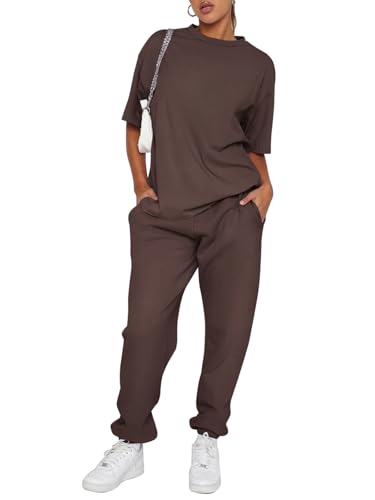 REORIA Damen Baumwolle Rundhals Jogginganzug Kurzarmoberteile und Langarmjogginghosen Zweiteiler Trainingsanzug Hausanzug Sport Set Lounge Set Kaffee L von REORIA