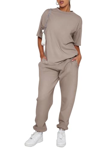 REORIA Damen Baumwolle Rundhals Jogginganzug Kurzarmoberteile und Langarmjogginghosen Zweiteiler Trainingsanzug Hausanzug Sport Set Lounge Set Khaki XXL von REORIA
