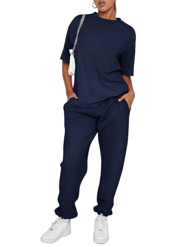REORIA Damen Baumwolle Rundhals Jogginganzug Kurzarmoberteile und Langarmjogginghosen Zweiteiler Trainingsanzug Hausanzug Sport Set Lounge Set Marineblau XXL REORIA Damen Baumwolle Rundhals Jogginganzug Kurzarmoberteile und Langarmjogginghosen Zweiteiler Trainingsanzug Hausanzug Sport Set Lounge Set Marineblau XXL von REORIA