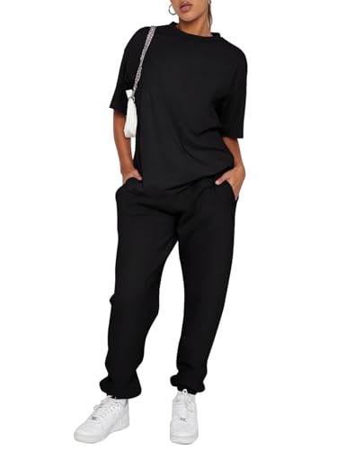 REORIA Damen Baumwolle Rundhals Jogginganzug Kurzarmoberteile und Langarmjogginghosen Zweiteiler Trainingsanzug Hausanzug Sport Set Lounge Set Schwarz XXL von REORIA