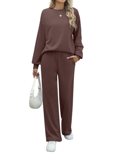 REORIA Damen Baumwolle Rundhals Jogginganzug Langärmliges Oberteil und weite Hose Zweiteiler Trainingsanzug Hausanzug Sport Set Lounge Set Kaffee XL von REORIA