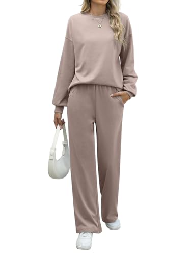REORIA Damen Baumwolle Rundhals Jogginganzug Langärmliges Oberteil und weite Hose Zweiteiler Trainingsanzug Hausanzug Sport Set Lounge Set Khaki XXL von REORIA