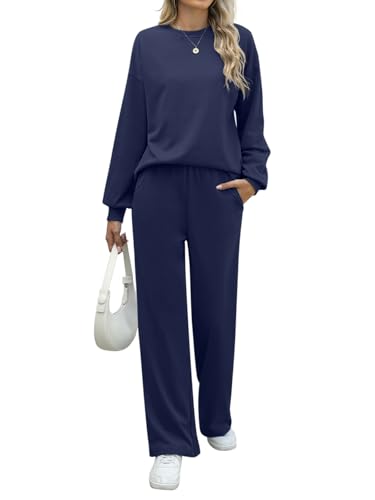 REORIA Damen Baumwolle Rundhals Jogginganzug Langärmliges Oberteil und weite Hose Zweiteiler Trainingsanzug Hausanzug Sport Set Lounge Set Marineblau M von REORIA