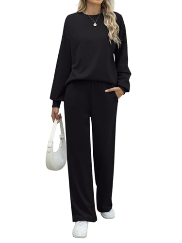 REORIA Damen Baumwolle Rundhals Jogginganzug Langärmliges Oberteil und weite Hose Zweiteiler Trainingsanzug Hausanzug Sport Set Lounge Set Schwarz XXL von REORIA