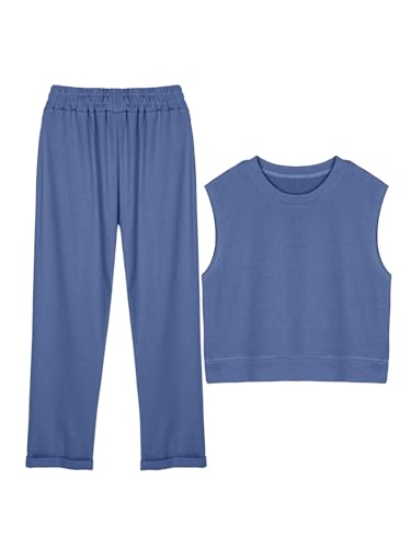 REORIA Damen Baumwolle Trainingsanzüge einfarbig Rundhalsausschnitt ärmelloses Top und kurze Hosen Jogginganzug Zweiteiler Overall Outfits Blau M von REORIA