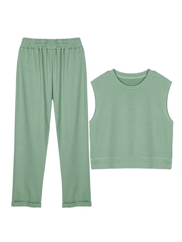 REORIA Damen Baumwolle Trainingsanzüge einfarbig Rundhalsausschnitt ärmelloses Top und kurze Hosen Jogginganzug Zweiteiler Overall Outfits Grau Grün XL von REORIA
