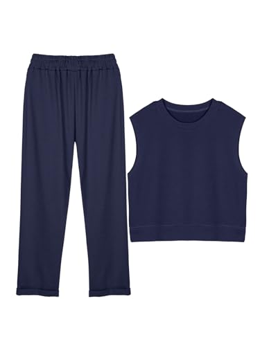 REORIA Damen Baumwolle Trainingsanzüge einfarbig Rundhalsausschnitt ärmelloses Top und kurze Hosen Jogginganzug Zweiteiler Overall Outfits Marineblau XL REORIA Damen Baumwolle Trainingsanzüge einfarbig Rundhalsausschnitt ärmelloses Top und kurze Hosen Jogginganzug Zweiteiler Overall Outfits Marineblau XL von REORIA