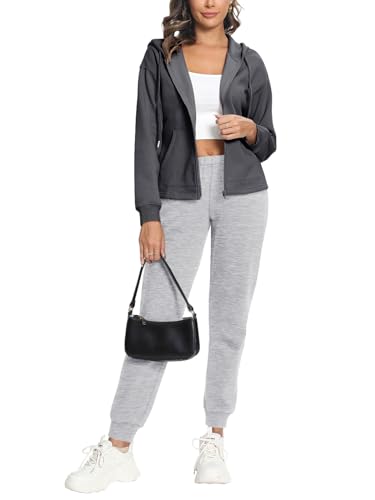 REORIA Damen Baumwolle Trainingsanzug Jogginganzug Kapuzenpullover mit Reißverschluss Hausanzug Freizeitanzug Activewear Sportanzug Outfit Set Dunkelgrau L von REORIA