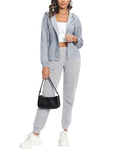 REORIA Damen Baumwolle Trainingsanzug Jogginganzug Kapuzenpullover mit Reißverschluss Hausanzug Freizeitanzug Activewear Sportanzug Outfit Set Mist Blue M von REORIA