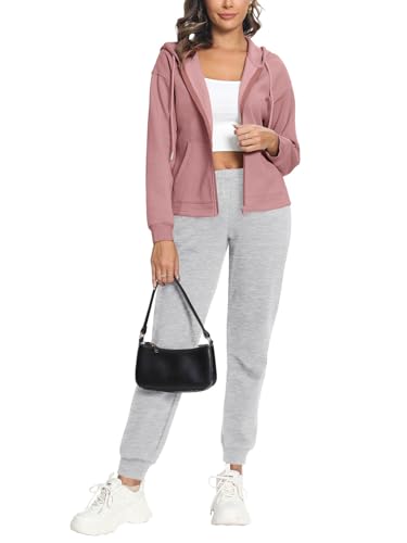 REORIA Damen Baumwolle Trainingsanzug Jogginganzug Kapuzenpullover mit Reißverschluss Hausanzug Freizeitanzug Activewear Sportanzug Outfit Set Rosa L von REORIA