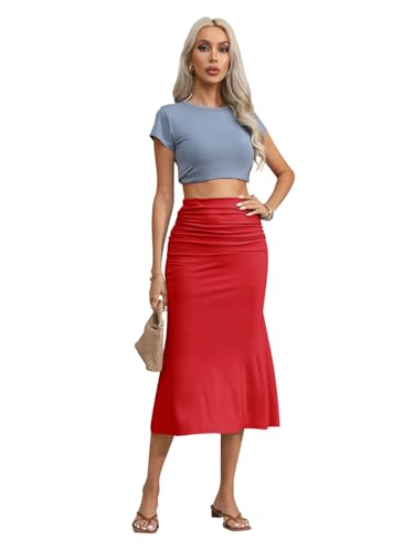 REORIA Damen Bodycon Röcke Strickrock Wickelröcke klassischer einfarbiger Rock Meerjung Kleid Midi-Rock Y2K unterhalb des Knies Langer Rock Rot XL von REORIA