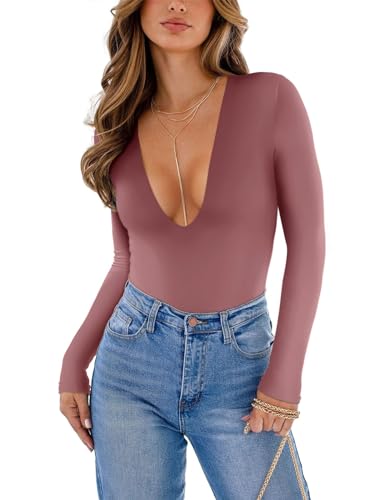 REORIA Damen Bodysuit sexy tiefer V Ausschnitt lange Ärmel einteilig Herbst Schlankheits T Shirt doppelt gefüttert Ausgehen T Shirt Masala Größe L von REORIA