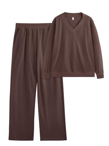REORIA Damen Breiter Gerippter V-Ausschnitt Jogginganzug Zweiteiler Trainingsanzug Hausanzug Sport Set Elegantes Outfit Lounge Set Kaffee M von REORIA