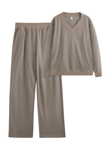 REORIA Damen Breiter Gerippter V-Ausschnitt Jogginganzug Zweiteiler Trainingsanzug Hausanzug Sport Set Elegantes Outfit Lounge Set Khaki L von REORIA
