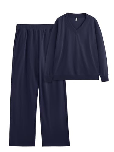 REORIA Damen Breiter Gerippter V-Ausschnitt Jogginganzug Zweiteiler Trainingsanzug Hausanzug Sport Set Elegantes Outfit Lounge Set Marineblau L von REORIA
