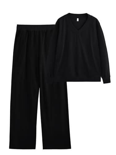 REORIA Damen Breiter Gerippter V-Ausschnitt Jogginganzug Zweiteiler Trainingsanzug Hausanzug Sport Set Elegantes Outfit Lounge Set Schwarz L von REORIA